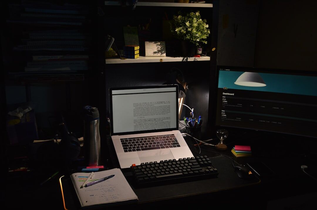 mystery writer typing in dark room