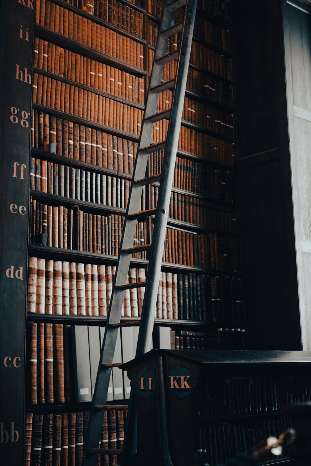 Old library archive with tall shelves of books